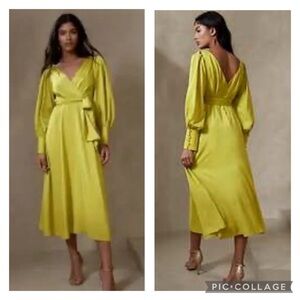 Banana Republic Factory Green Wrap Midi Dress with Bishop Sleeves